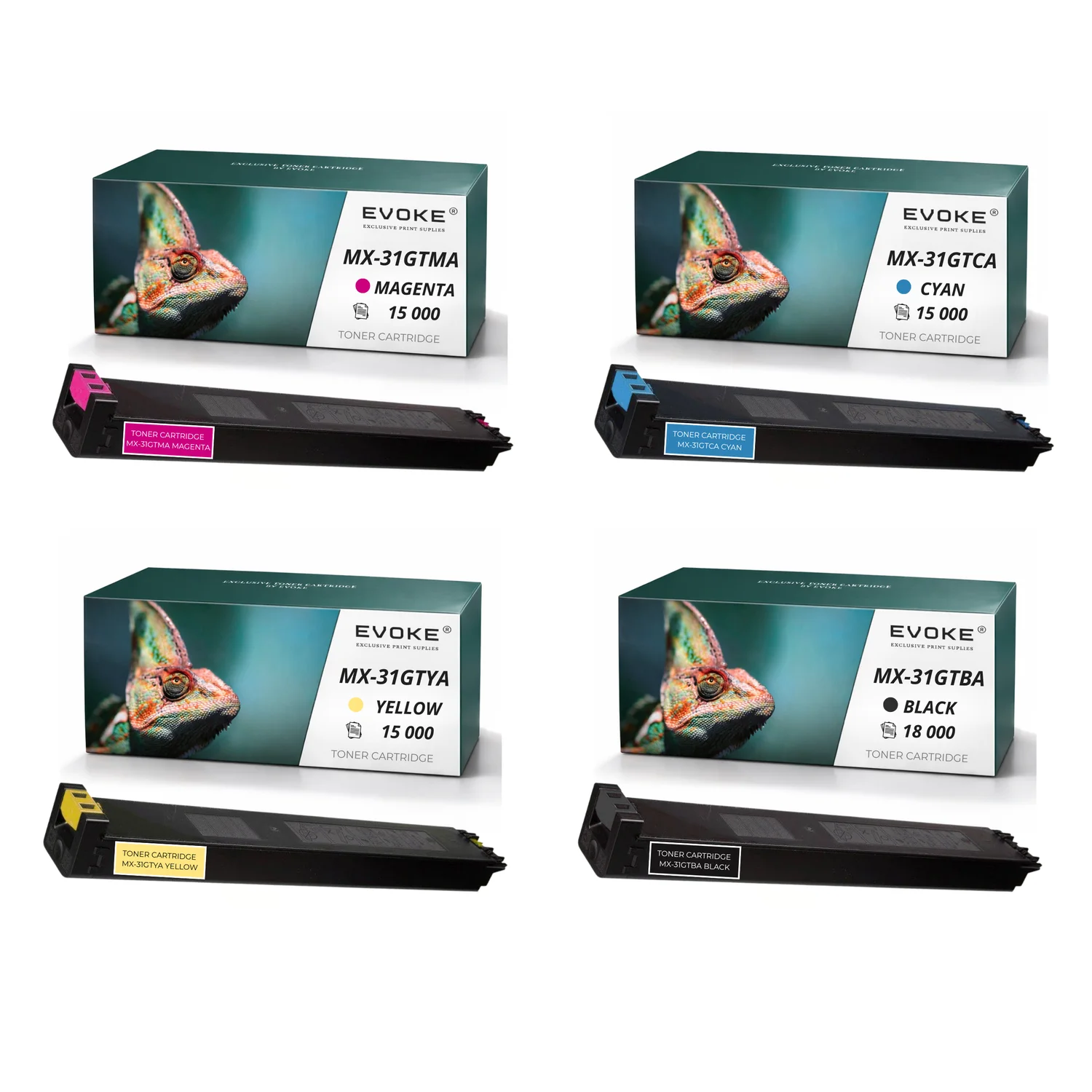 Evoke Compatibele Toner voor Sharp Mx-31Gt Mx31Gt 4X Cmyk: Zwart, Cyaan, Magenta, Geel 63000 Pagina's Mx-2301N 2600N 2600Nsp 3100N 3100Nsp