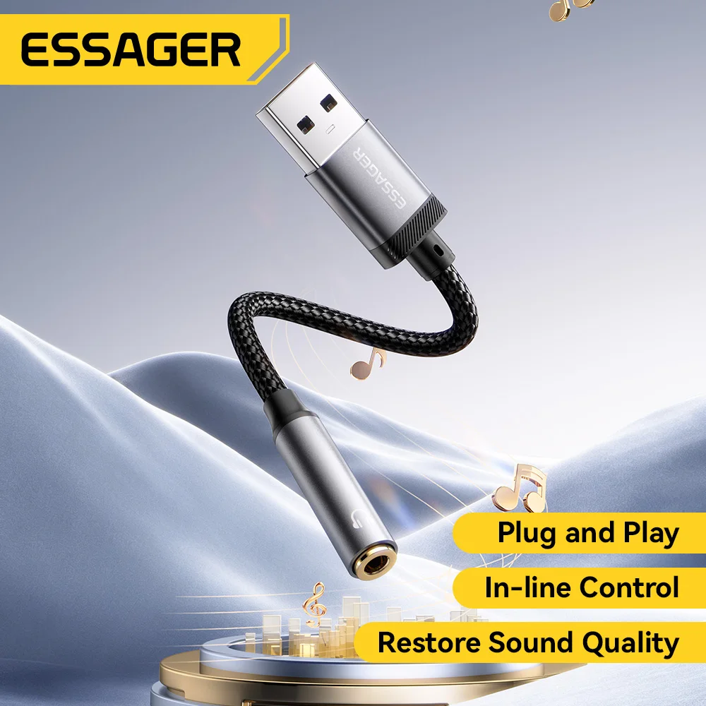 Essager USB To 3.5mm Audio Cable External Sound Card USB Female to 3.5mm Jack Adapter for Headphone PC Laptop Swittch Speakers