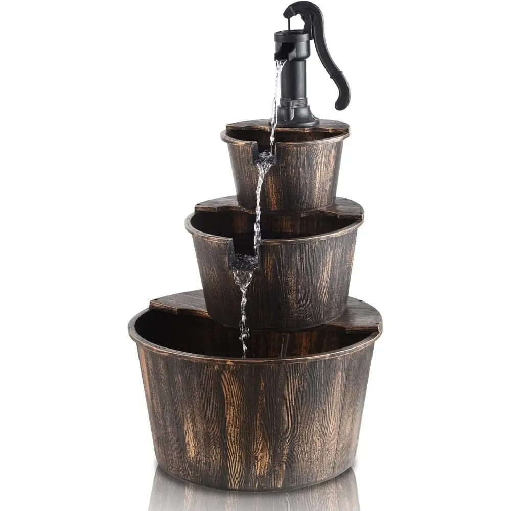Fuente de agua de barril de 40 pulgadas y 3 niveles para exteriores, fuente de agua de barril de madera de 3 niveles, rústica, independiente, con bomba para jardín, patio o patio trasero.