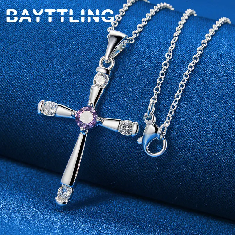 Fine 925 Sterling Silver 16-30 Inches Purple Zircon Cross Necklace Men Women Fashion Gifts Charm Party Jewelry Wedding