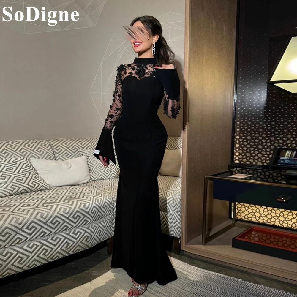 

SoDigne Black Mermaid Evening Dresses Long Sleeves Lace Appliques Banquet Party Dress 2024 Elegant Special Occasion Prom Gowns