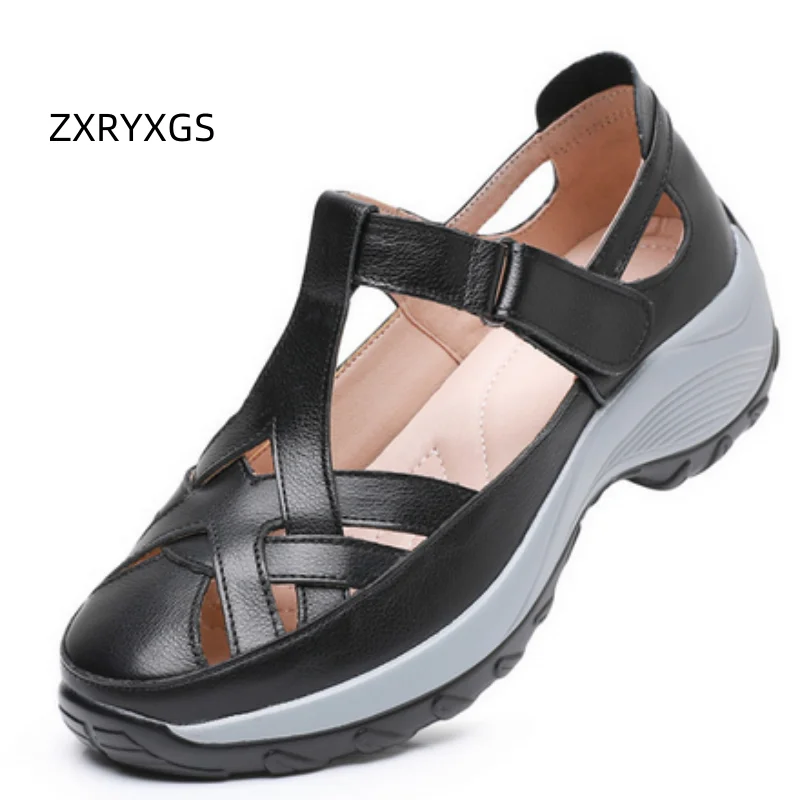 

ZXRYXGS/2020 летние сандалии из натуральной воловьей кожи с круглым носком, обувь на танкетке на толстой подошве, женские сандалии из натуральной кожи, удобные большие размеры