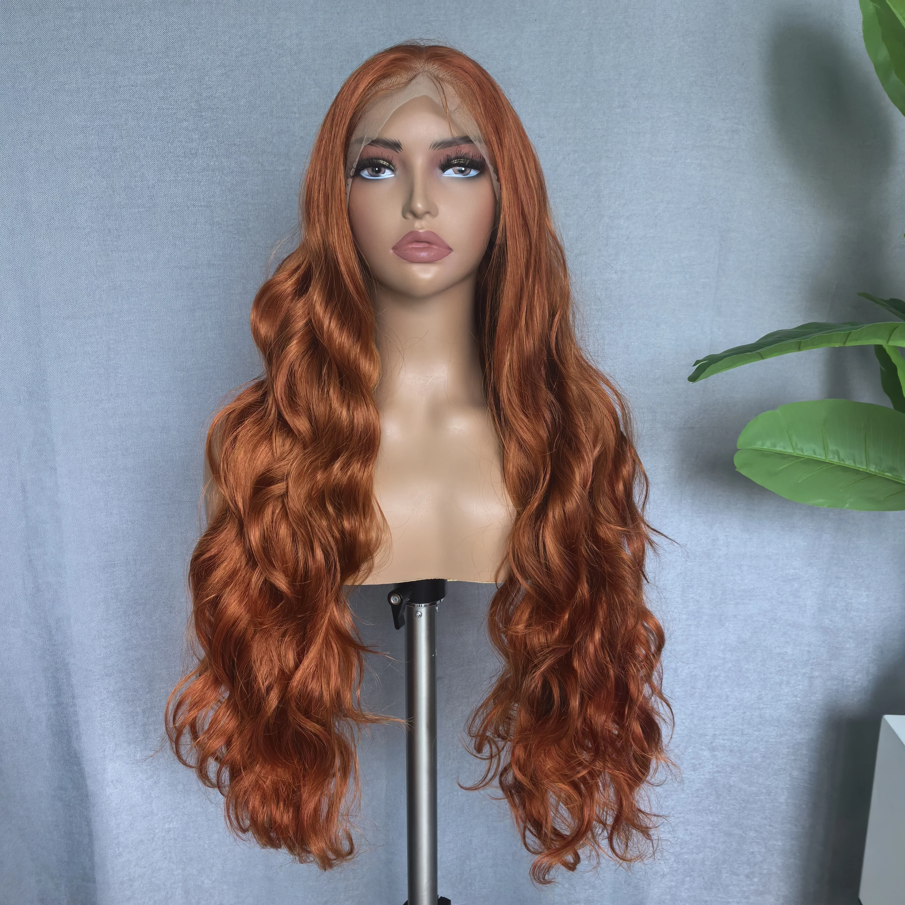 

X-TRESS Long Wavy Ginger Wig 130% Density Transparent Lace Front Natural Synthetic Free Part Wig for Women Daily Heat Resistant