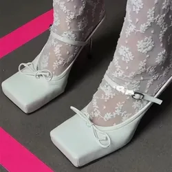 Square Toe Runway Sandals For Women Solid Color Butterfly-Knot Buckle Strap Stiletto Female Shoes Star Style Slingback Elegant