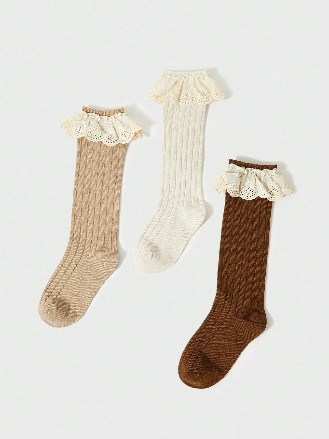 3 pairs of children‘s simple lace solid color high socks, girls are sweet and cute and suitable for daily life