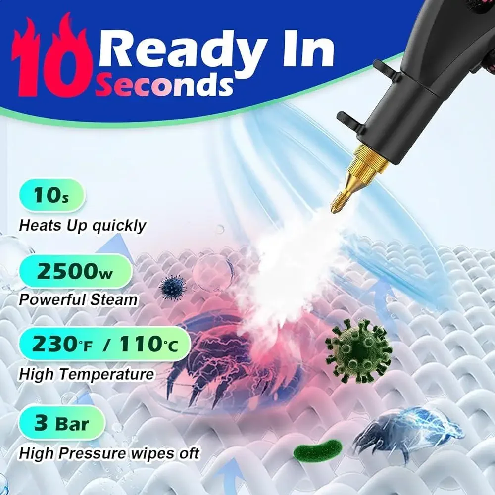 Handheld Steam Cleaner 2500W High Pressure Multi Surface Portable Steamer with Steam Hose and Brush Heads Deep Cleaning