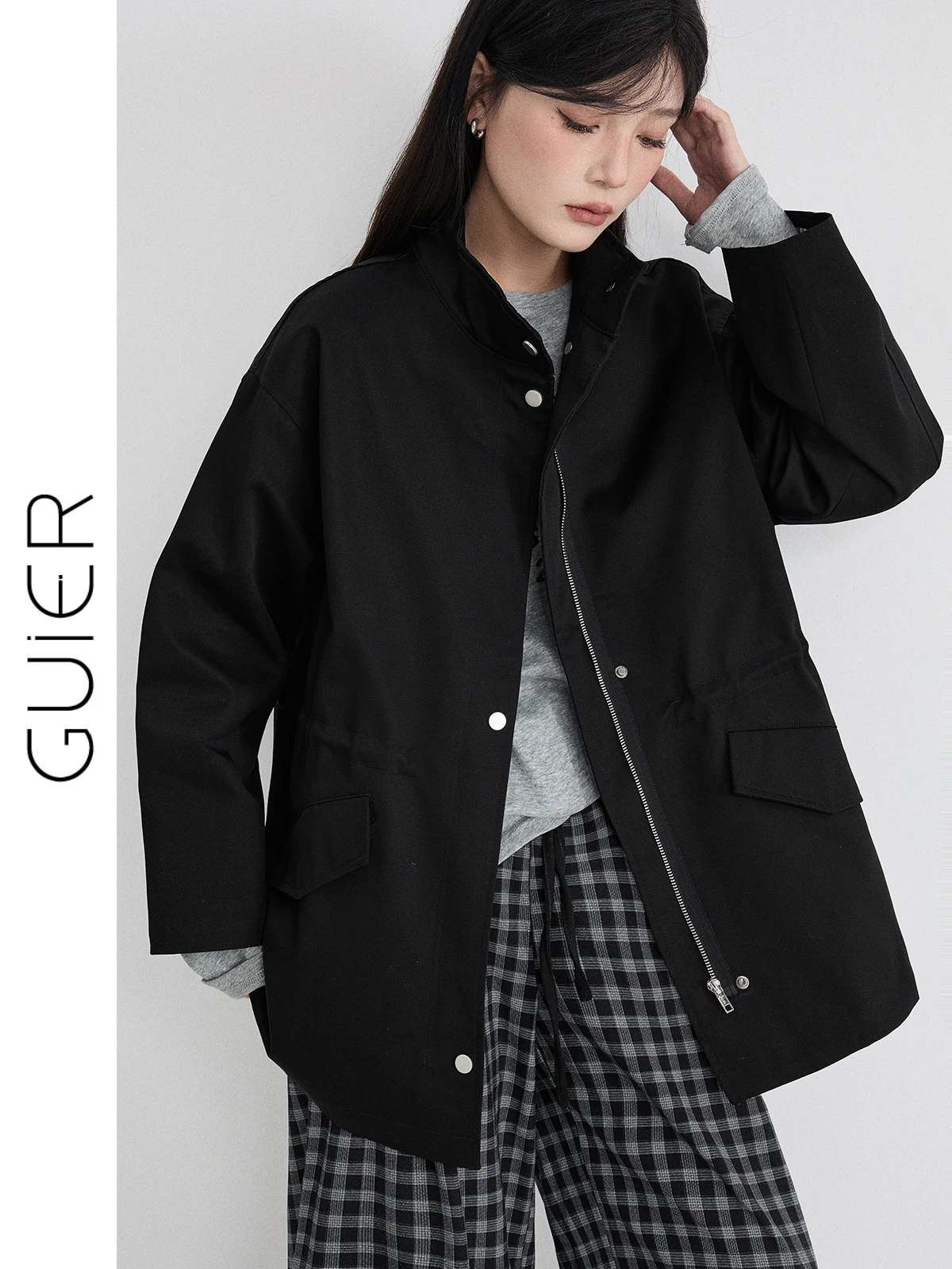 

Пальто женское Bla Plaid с воротником-стойкой и завышенной талией, весна 2026, новинка, повседневное, свободного кроя, с длинными рукавами, миди, от Guier