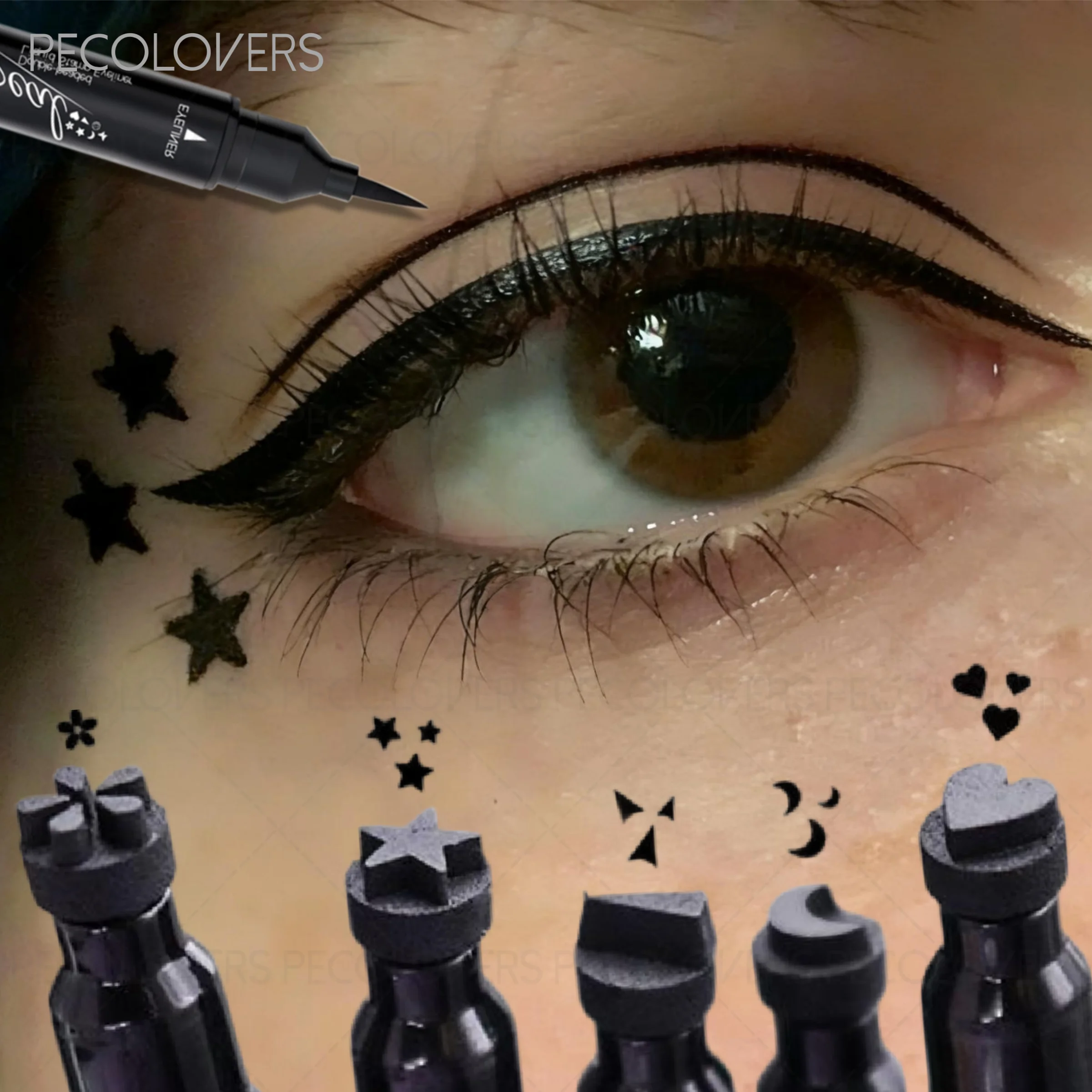 Dual-ended 2-in-1 Eyeliner Stamp, Smooth Black Liquid Eyeliner Pen, Cat Eye Smiley Moon Heart Stamp One-Swipe, Whimsical Makeup