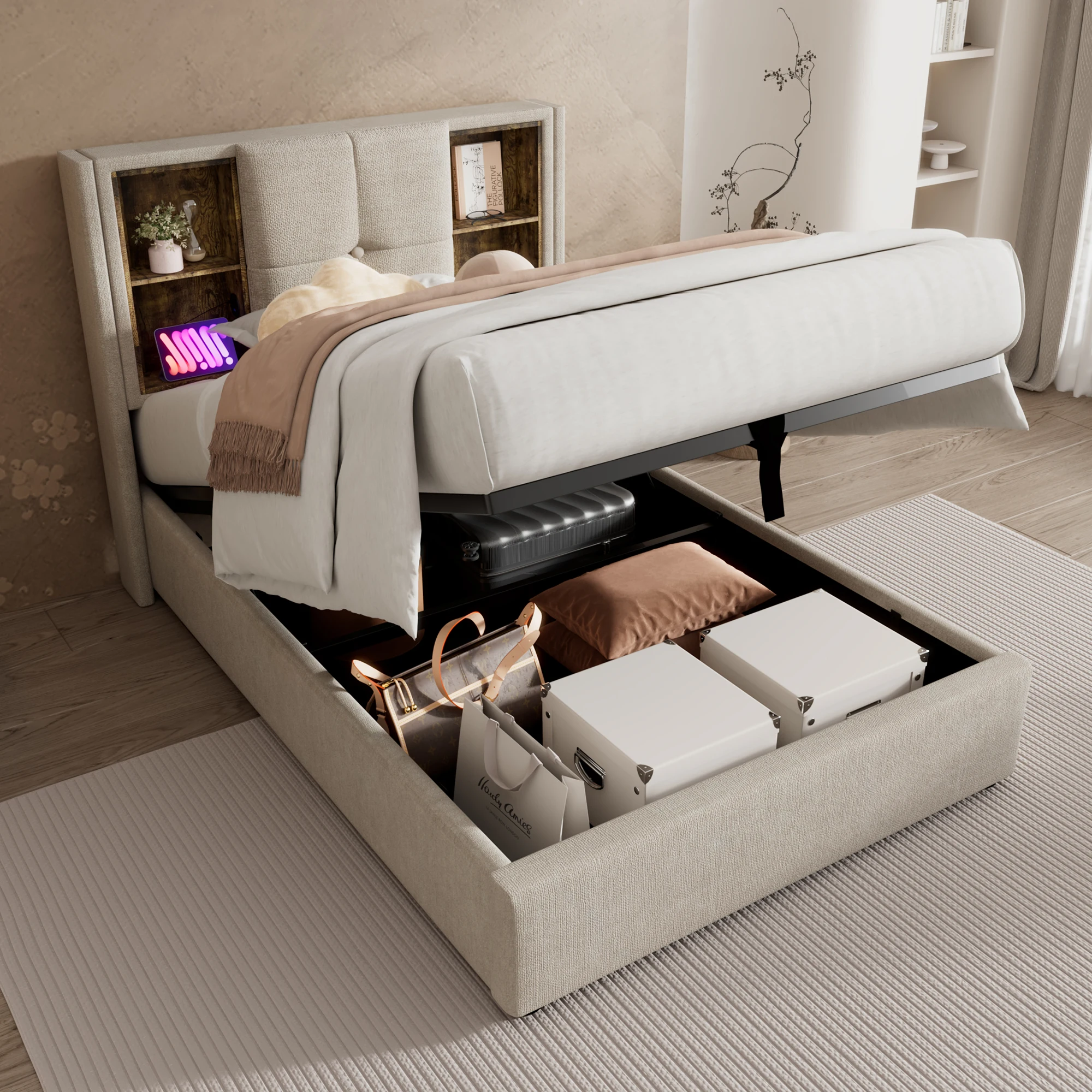 Lit 90x200 cm avec sommier à ressorts avec LED et USB-C, hydraulique, en lin naturel