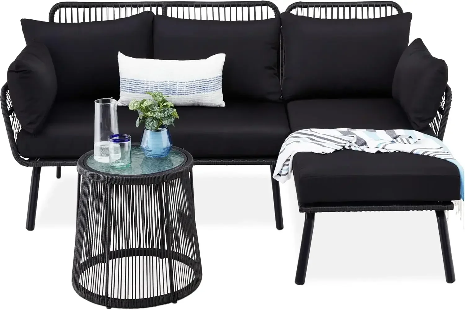 

Outdoor Rope Woven Sectional Patio Furniture L-Shaped Conversation Sofa Set ,Detachable Lounger, Side Table - Black
