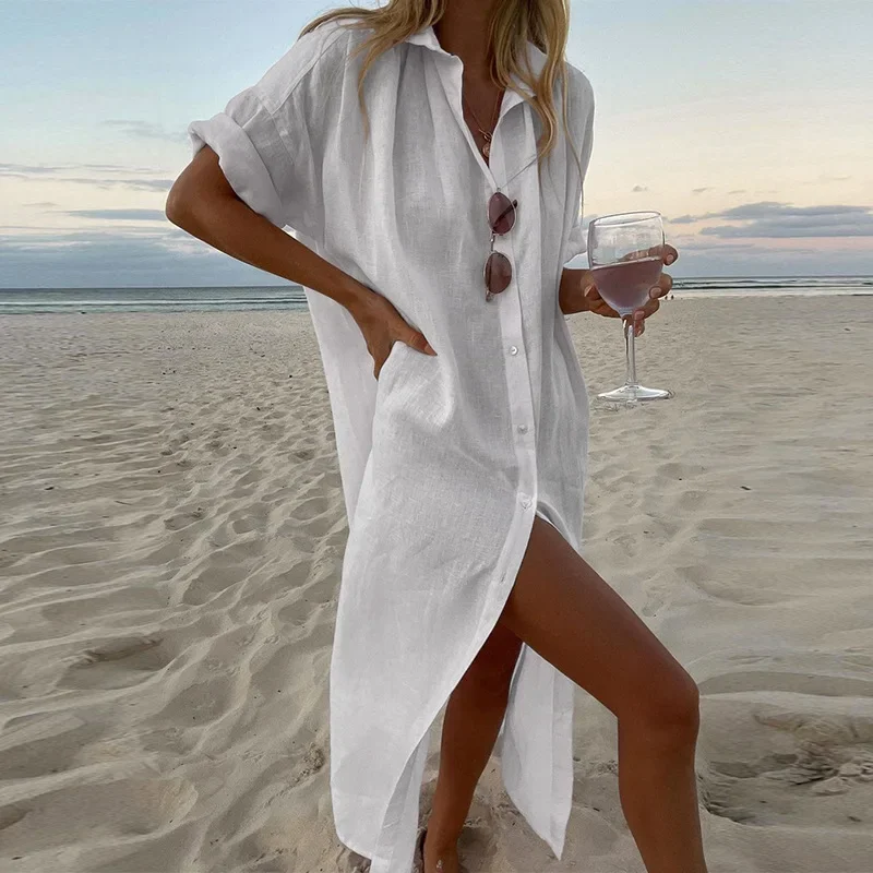 Wepbel Linen Shirt Dress Summer Single Breasted Solid Color Casual Dress Women Loose Long Sleeves Mid-Length Cardigan Dress