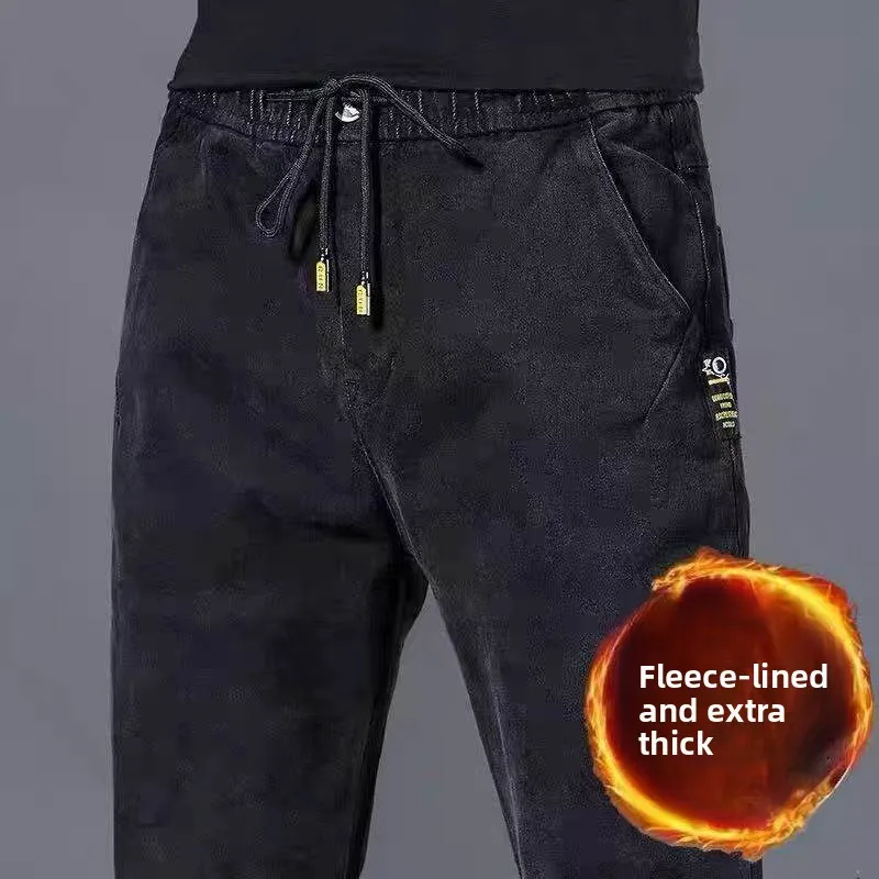 

Женские прямые джинсы с эластичной резинкой на талии Thiened Fce, мужские теплые повседневные рабочие брюки на осень-зиму, тяжелые джинсовые брюки Du