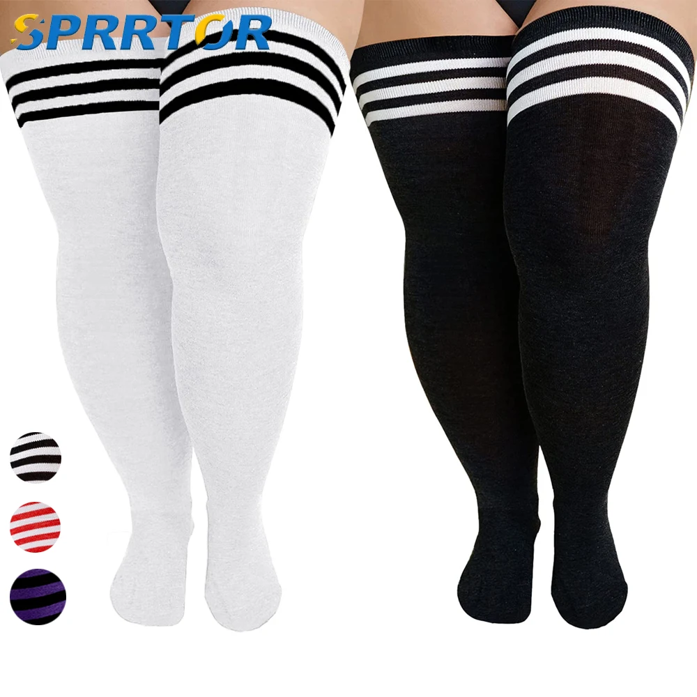 

1Pair Women's Plus Size Thigh High Socks Striped Knee High Extra Long Stockings Leg Warmer