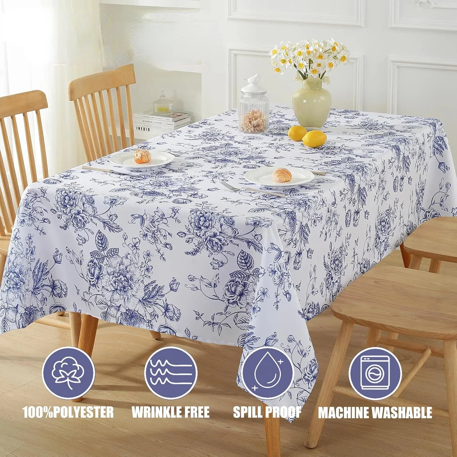 Blue White Floral Printed Rectangle Tablecloths Home Party Decor Reusable Waterproof Table Cloth for Holiday Wedding Table Decor