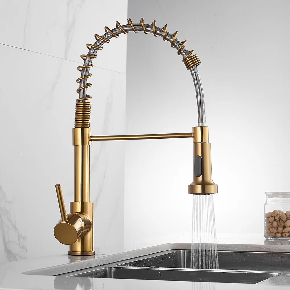 

Кухонный смеситель Brush Gold с одной ручкой для горячей и холодной воды, поворотный, латунный, с выдвижной пружинной лейкой