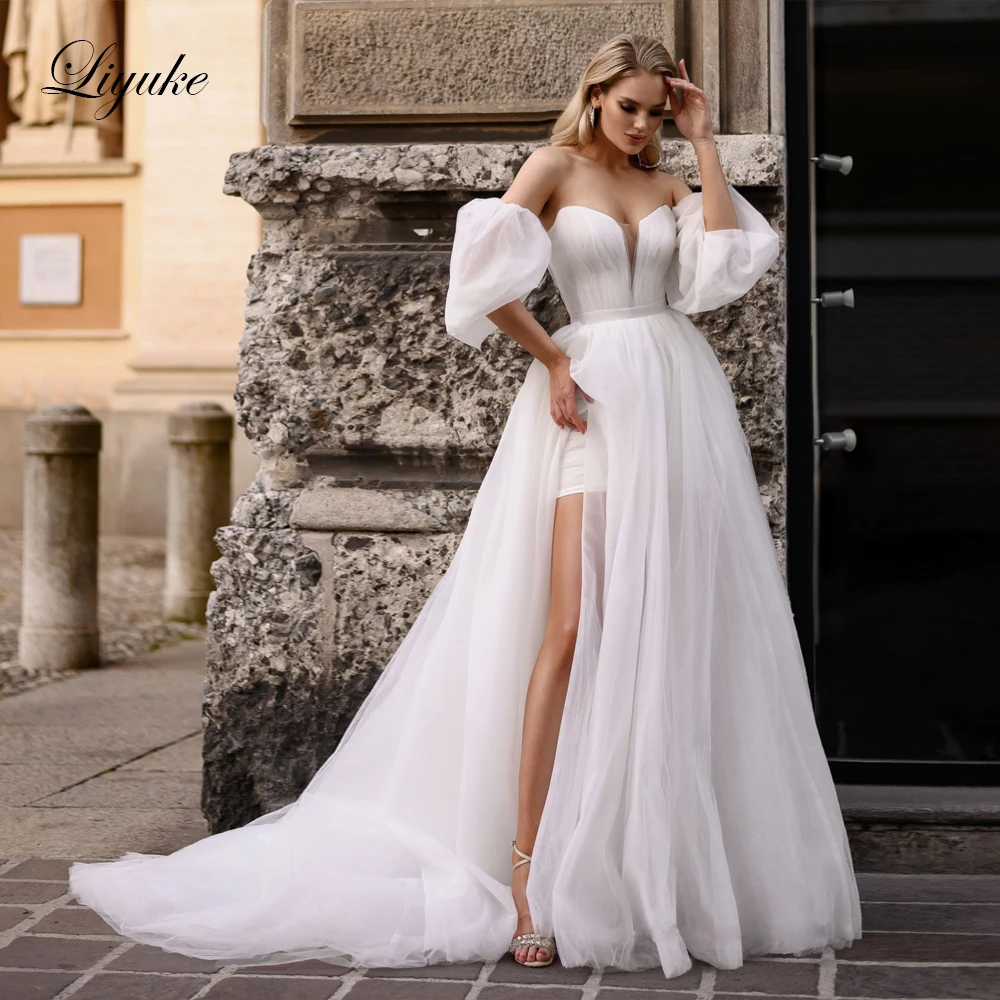 Liyuke Front Split Removable Train 2 In 1 Wedding Dress Off Shoulder Sleeves Inside Short Style Bridal Gowns