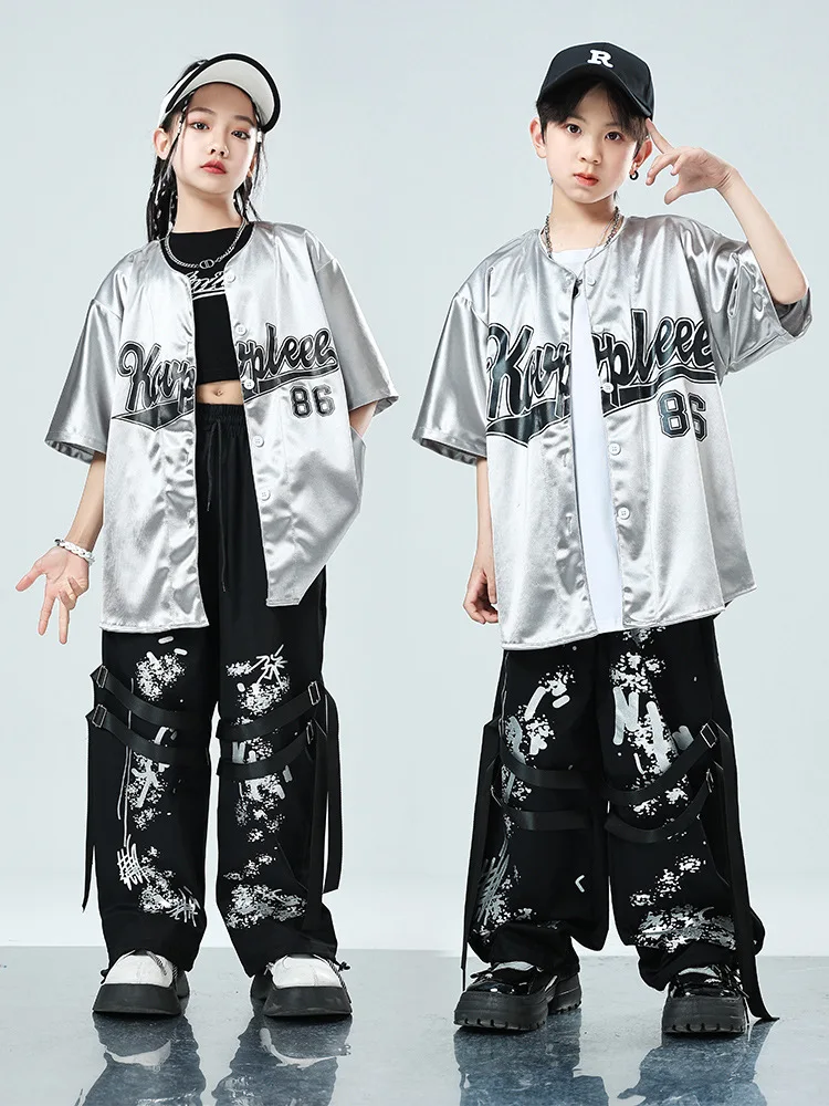 

Kid Cool Hip Hop Clothing Silver Cardigan Shirt Top Black Print Casual Strap Baggy Pants for Girl Boy Jazz Dance Costume Clothes