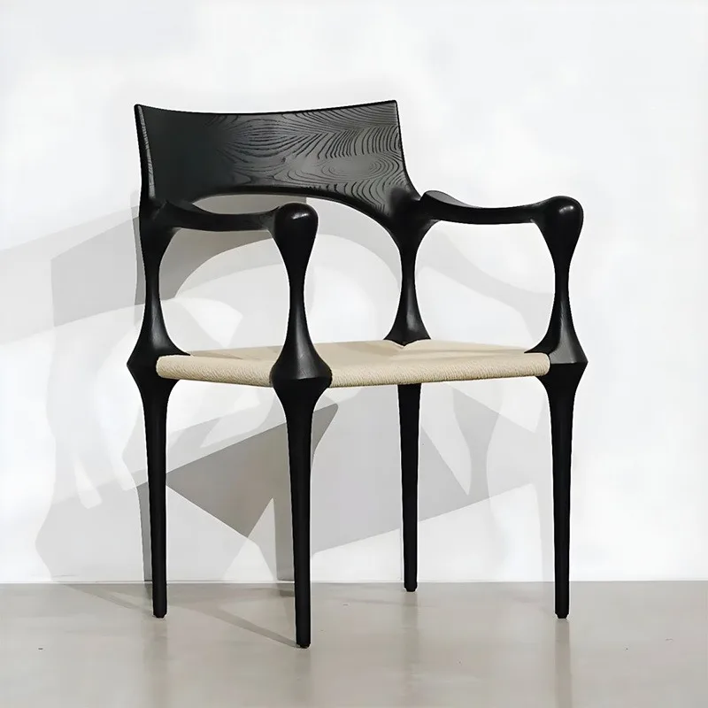 Retro Luxury Designer Black Solid Wood Dining Chair with Arms Home Small Space Leisure Living Room Restaurant Decor Novelty New