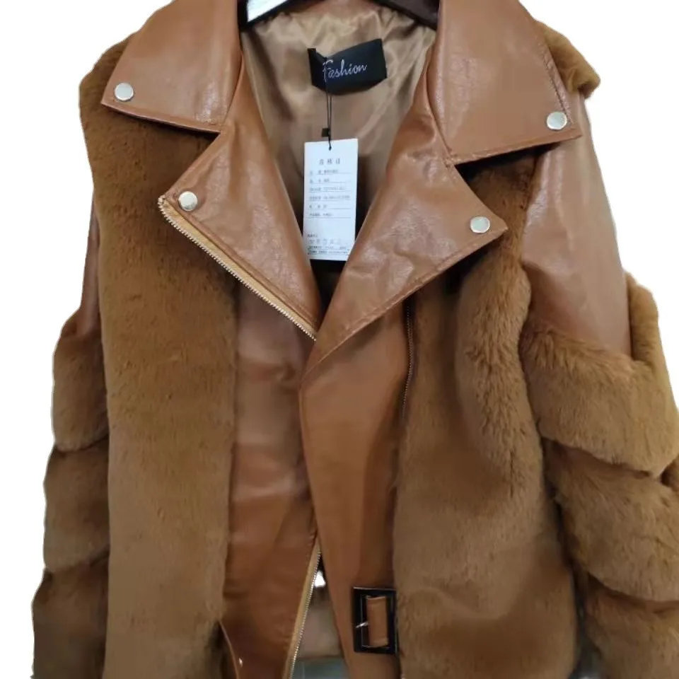 Highstreet Frauen Winter Faux Pelz Moto Biker Jacke Gespleißt Revers Kragen Volle Hülse Eco Pelz Leder Mantel Dame Chic Coole Pelzmantel