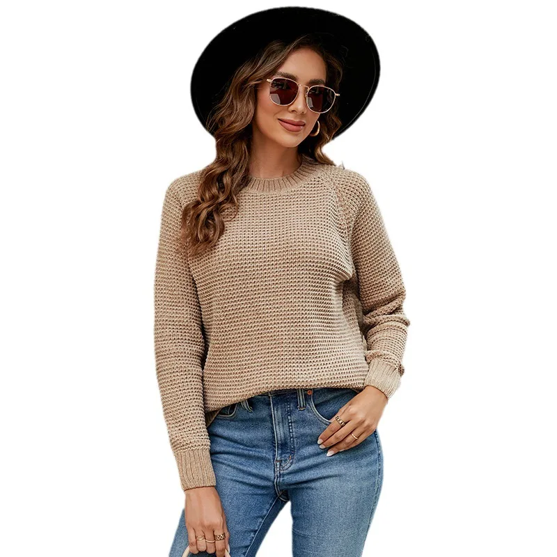 Suéter de chenilla para mujer, Top de punto de manga larga con cuello redondo, Color sólido, otoño e invierno, nuevo