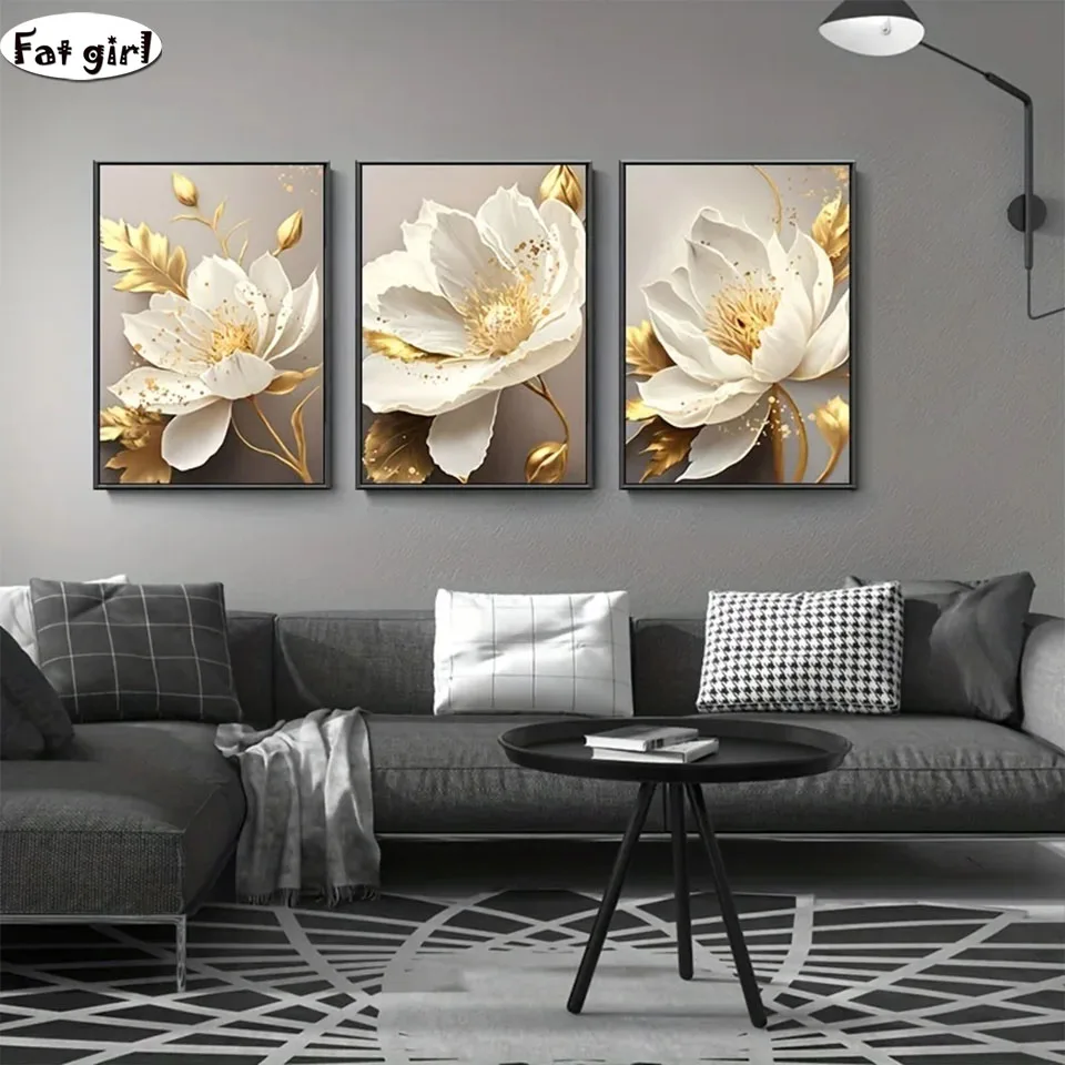 3PCS Diamond Painting Golden Plant White Flower Diamond Embroidery Full Square Diy Mosaic Art Kitchen Modern Home Decorations