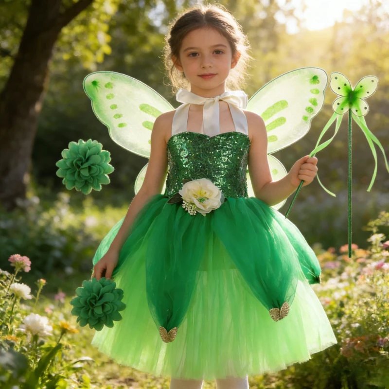 Girls' Green Elf Princess‑Style Dress, Fluffy Ballet Tutu for Christmas & Halloween, Lotus Fairy Performance Tutu Clothes