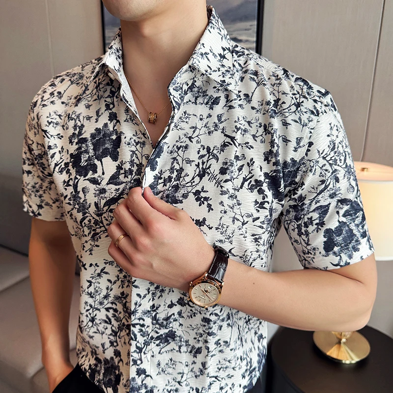 Men Printed Shirt 2024 Summer Light and Thin Retro Casual Elastic Slim Fit Short Sleeved Shirt High-quality Fashion Men Clothing