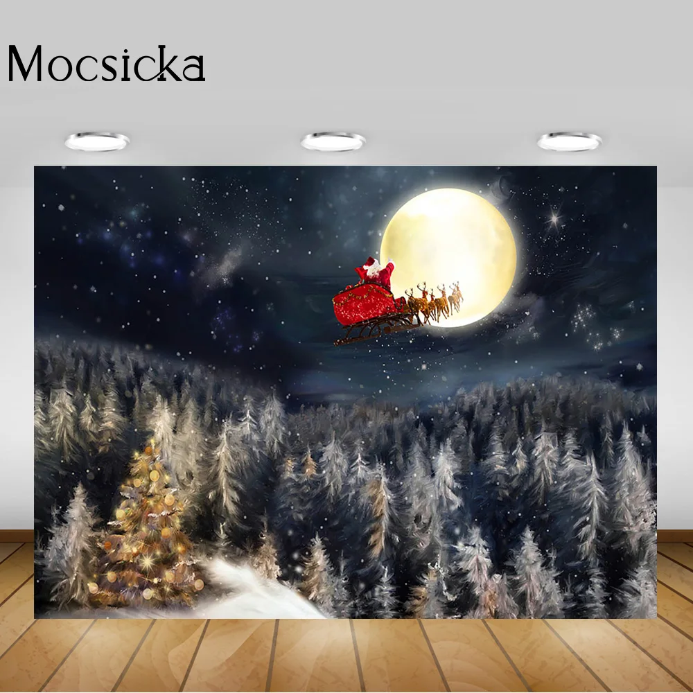 Winter Pine Forest Night Backdrop Christmas Starry Sky Full Moon Santa Claus Dreamy Background Xmas Birthday Photography Studio