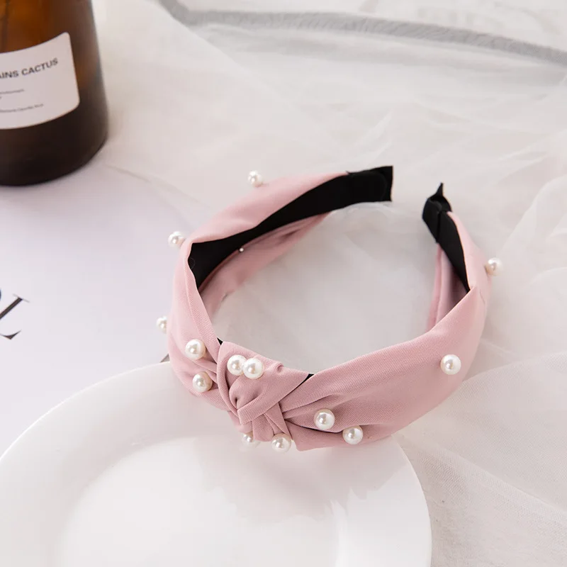 

Elegant Pearl Hair Hoop Solid Color Fabric Knotted Design Handmade Headband for Women Girls Non-Slip Hair Accessories