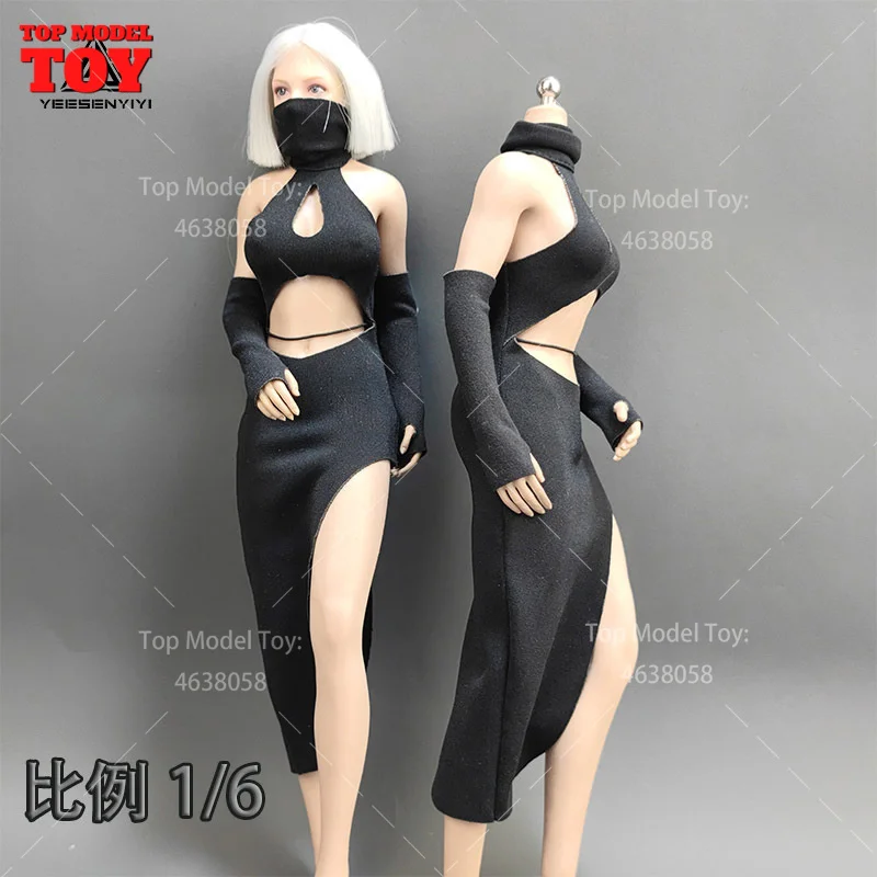 1/6 Scale Black Split Cheongsam Long Skirt Clothes Model Fit 12