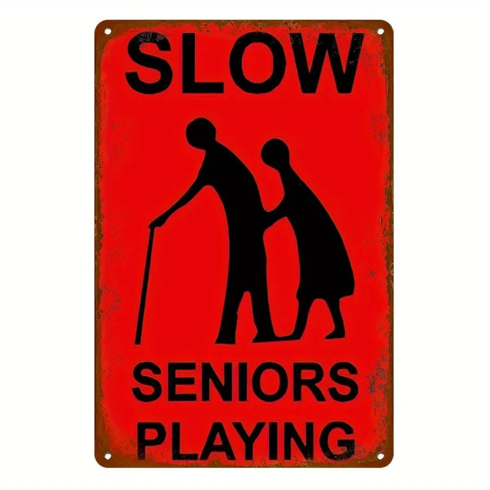 Vintage Metal Tin Sign Old People Playing Slowly 2D Flat Humorous Wall Decor Easy Wall Mount