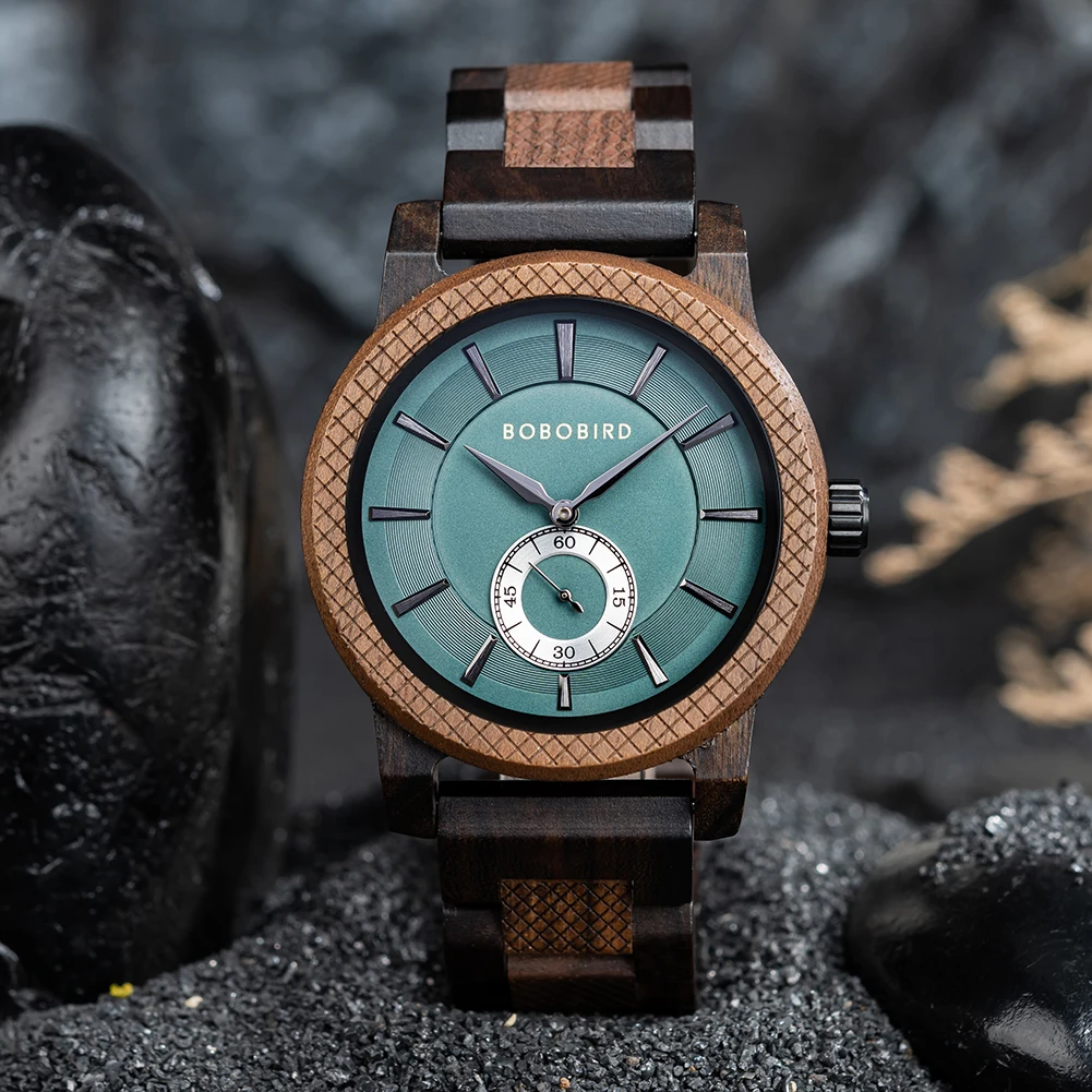 BOBO BIRD Wooden Men's Watches Ocean Green Dial Design, Spliced Wooden Bracelet Customise Your Name Casual watches