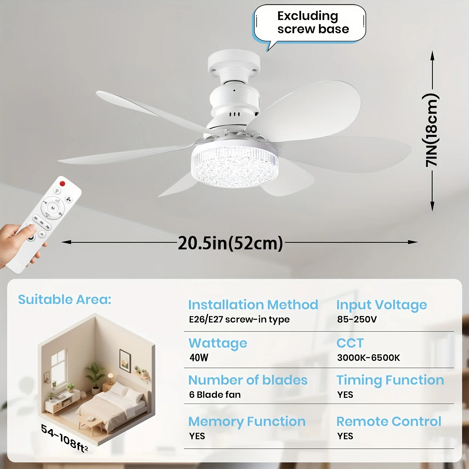 Easy Install Ceiling Fan Light E27 Base White 3 Speed Wind Wireless Remote Full Spectrum LED Lamp For Bedroom Study Room