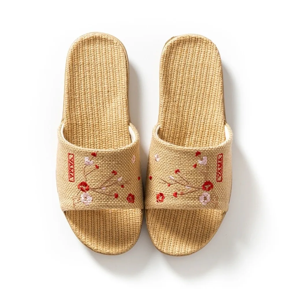 Embroidery Flower Bamboo Indoor Slippers Linen Soft Bottom Plum Blossom Slippers Sandals Non-Slip Women Men Slippers Summer