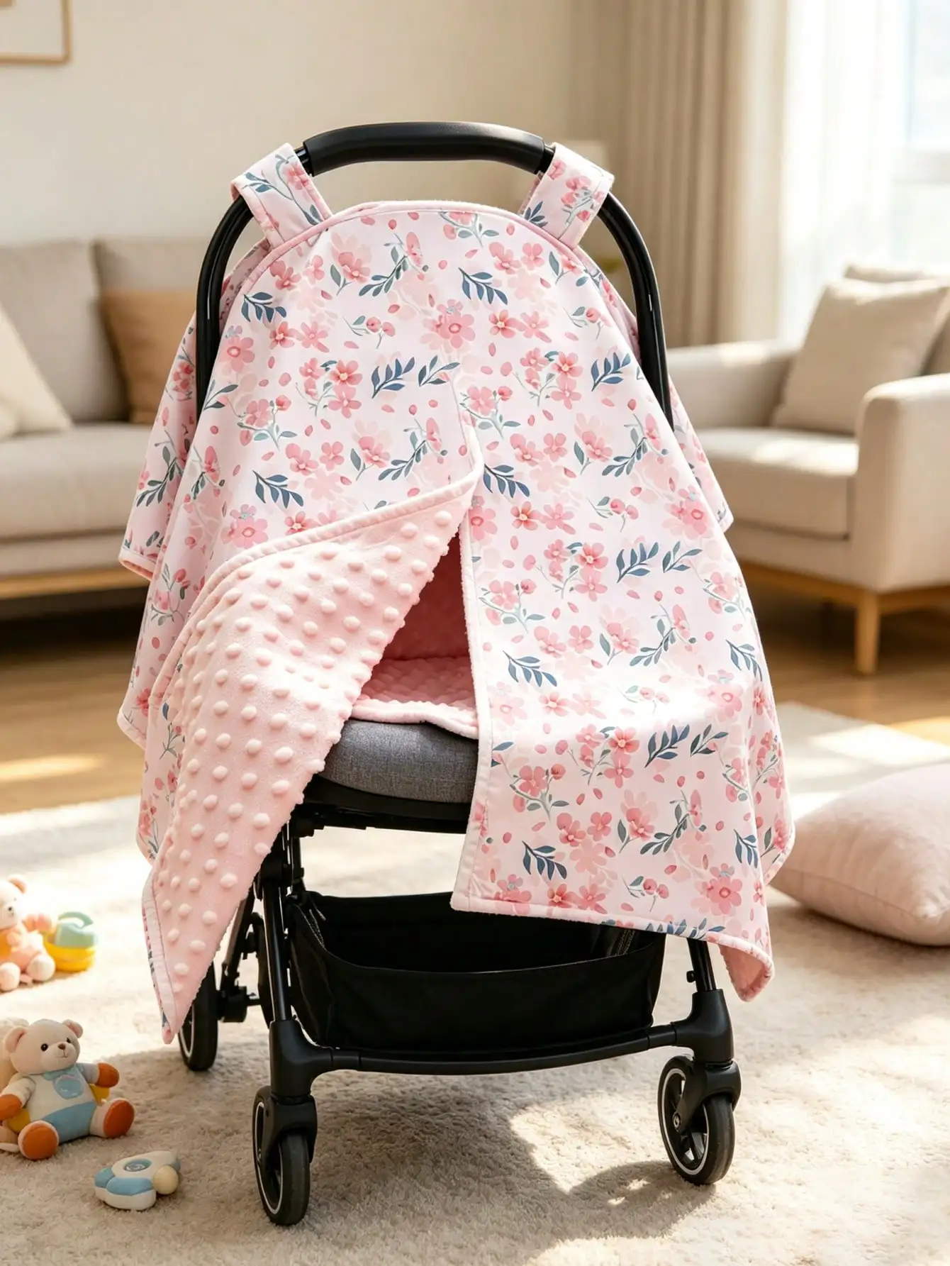 Pink Floral Print Infant Car Seat Cover - Multifunctional Nursing Cover / Sunshade