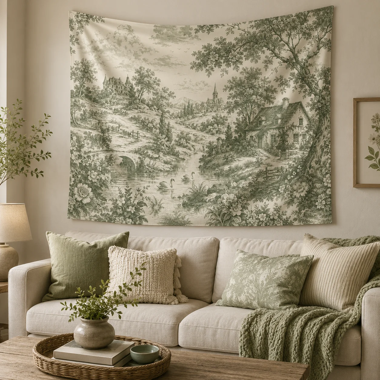 Sage Green French Country Tapestry, Vintage Cottage River Landscape Printed Wall Hanging