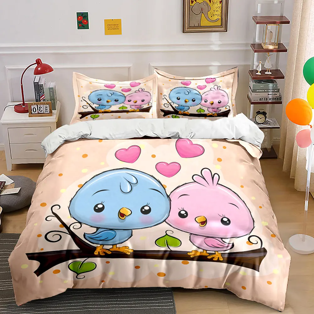 Blue and pink birds with hearts Print Soft Comfortable Duvet Cover Bedding Set Included 1*Duvet Cover  2*Pillowcases