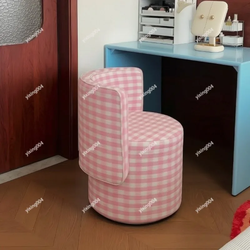 Dressing Stool Rotatable Makeup Chair for Bedroom Cloakroom, Pink Plaid