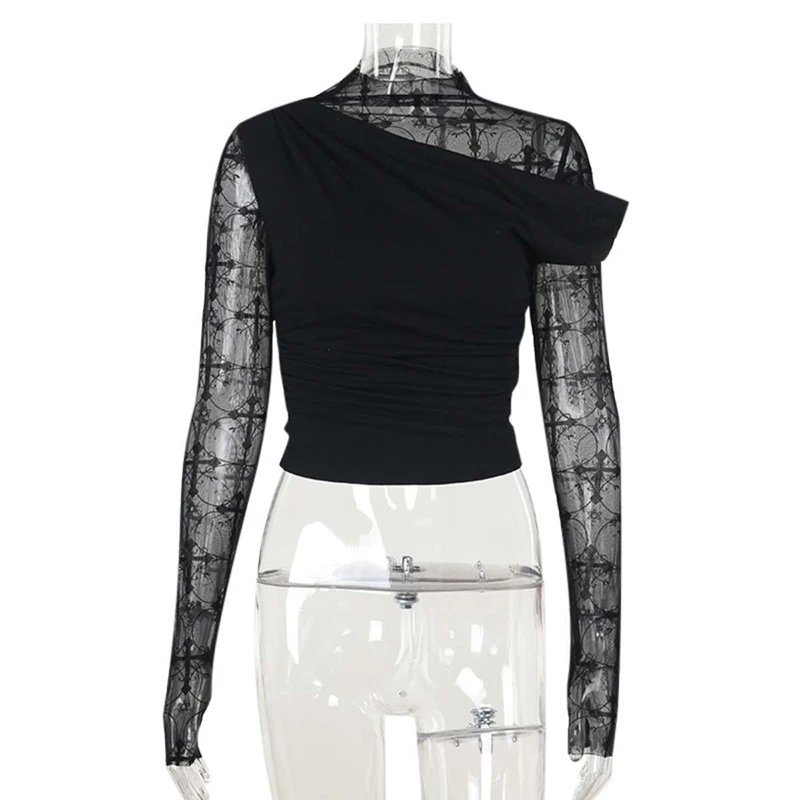 โกธิคลูกไม้สีดําเซ็กซี่ TOP Patchwork Bodycon ไม่สมมาตร Harajuku Y2K เสื้อ Street Chic STAND COLLAR Dark EDGE เสื้อแฟชั่น