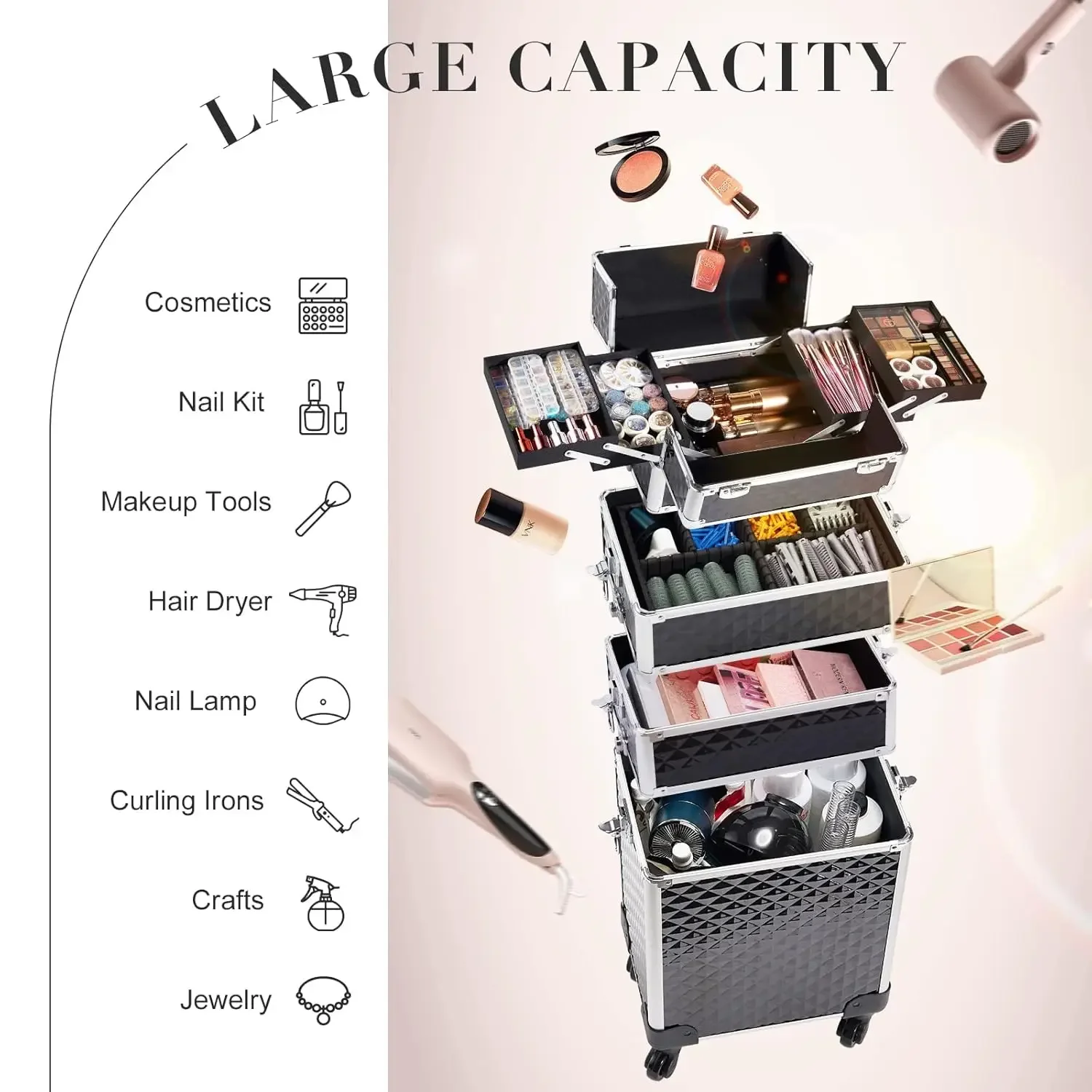 Rolling Makeup Train Case Large Storage Cosmetic Trolley 4 in 1 Large Capacity Trolley Makeup Travel Case with Key