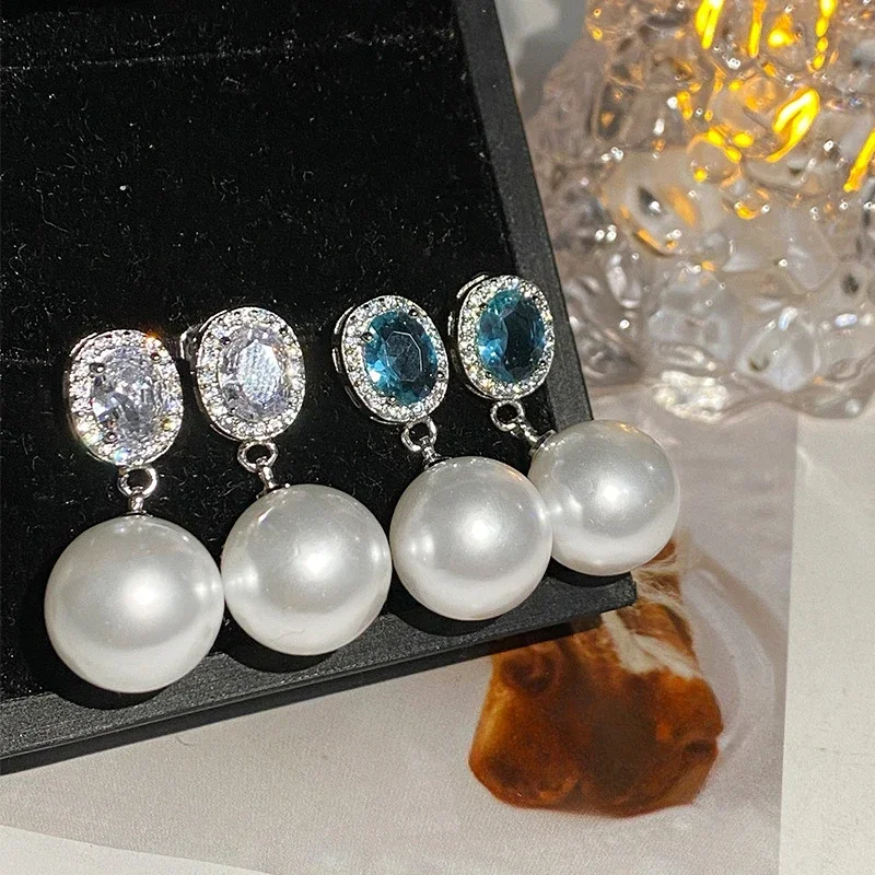 MDLFES مويسان الماس نمط حورية البحر الدموع الأحجار الكريمة اللؤلؤ وأقراط تاهيتي 18K الذهب الأبيض مطلي الخرز