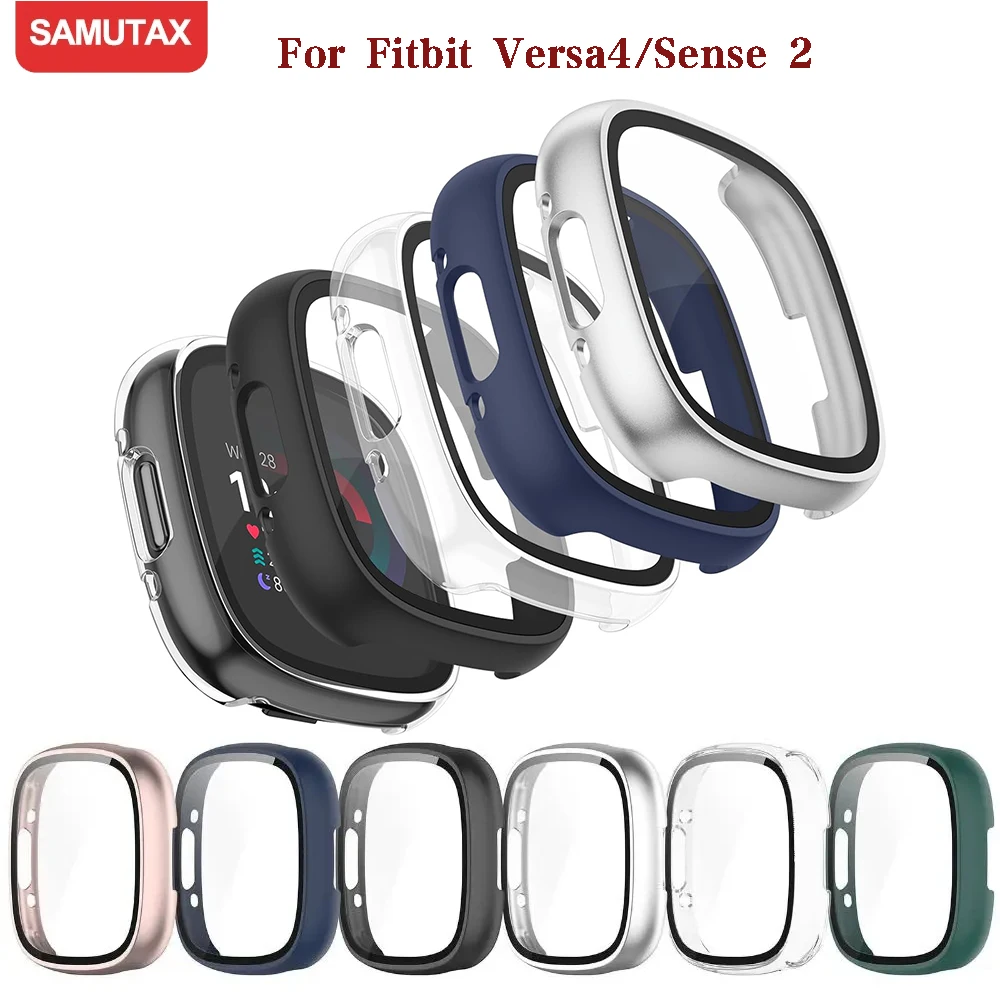 Screen Protector for Fitbit Versa 4/Sense 2 Hard PC Bumpe Protective HD Tempered Glass Case All-Around Full Cover Bumper Shell