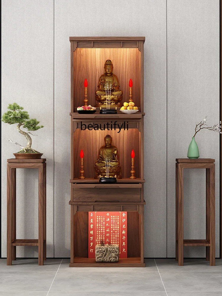 

3 Buddha Niche with Door New Chinese Style Stand Cabinet Walnut Living Room Home Table Wealth Buddha Table Floor furniture