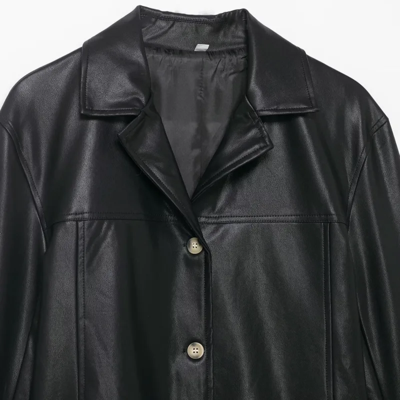 EAEOVNI Black Leather Women's Jacket Lapel Collar Long Sleeve Single Button Fashion Coat Outerwear 2026 New Clothing