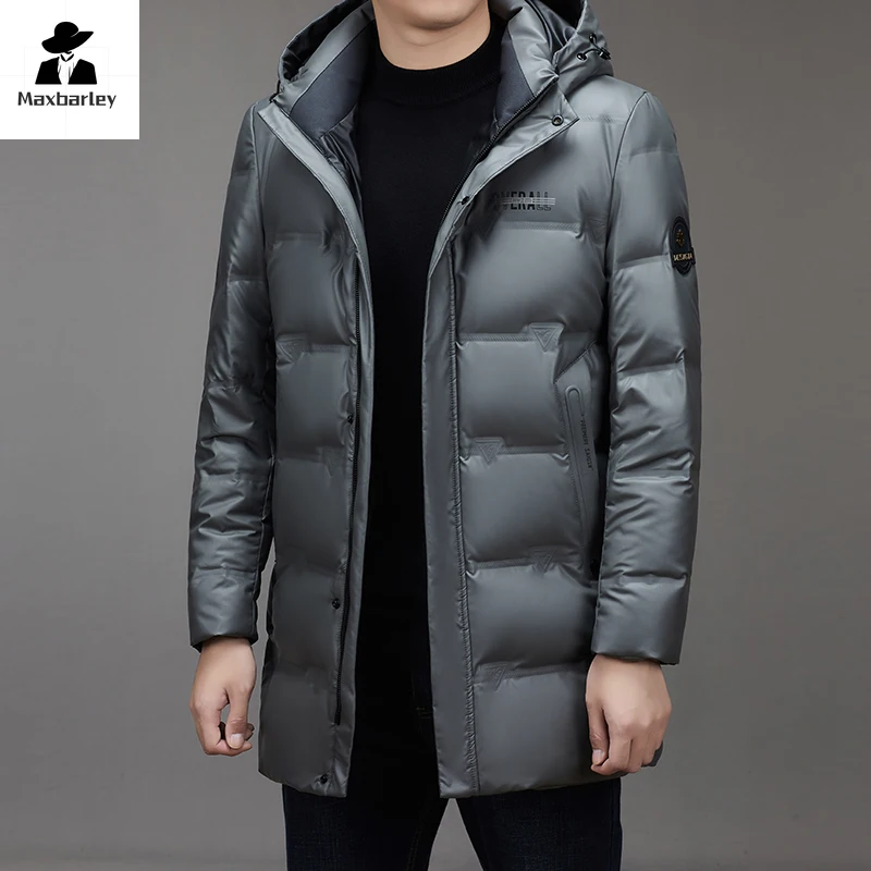 Lange Jacke aus 90 % Entendaunen für Herren, Winter, dick, warm, abnehmbar, mit Kapuze, Daunenjacke, lässig, PU-Leder, wasserdichter Mantel,