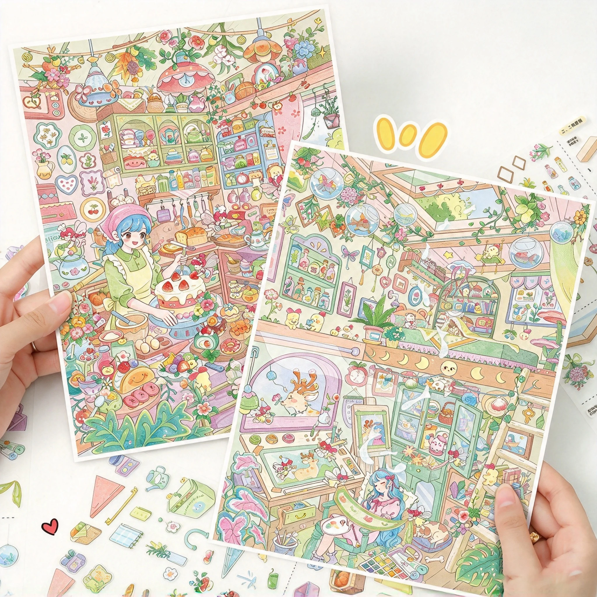 Kawaii Isometric View Miniature House Stickers, Warm Home Kitchen & Living Room Scene, Waterproof PET Stickers for DIY Diorama,