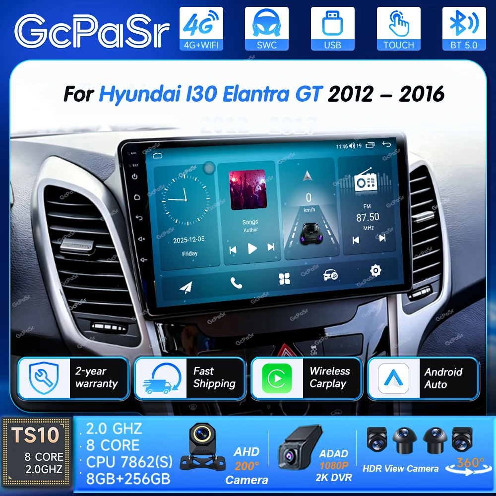 Автомагнитола для Hyundai I30 Elantra GT 2012 2013 2014 2015 2016 Android 16 Carplay с GPS-навигацией, мультимедийным плеером и поддержкой 4G.