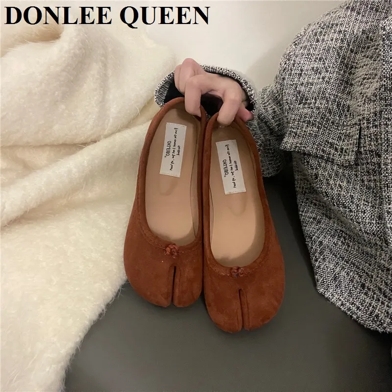 2023 New Suede Bowtie Tabi Ninja Shoes Woman Flat Soft Trotters Split Toe Ballet Ladies Round High Heeled Loafers Femmes Tacones