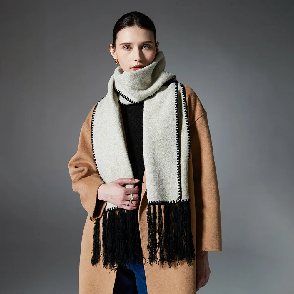 Double-Sided Woolen Scarf with Tassel in Pure Color for Autumn And Winter Business Casual Fashion Warm Scarf for Youth