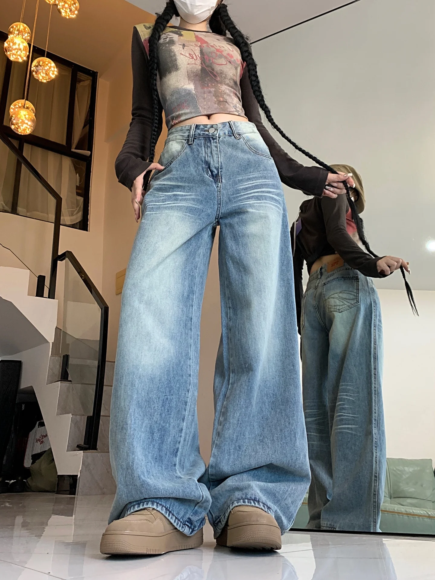 Celana Jeans Denim Retro Amerika Pinggang Tinggi Model Lurus dan Lebar untuk Wanita Ukuran Plus, Longgar, Meniruskan, Celana Musim Gugur